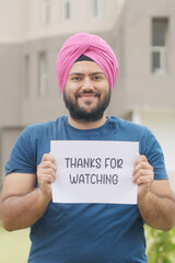 Vertical Photo of Sikh Indian Man Holding Thanks For Watching Poster