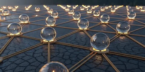Abstract network of glowing orbs and interconnected lines.