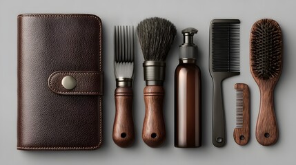 Collection of grooming accessories on a light gray background.