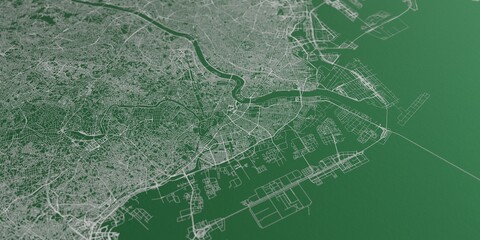 Kawasaki (Japan) street map. The style of the map is green paper