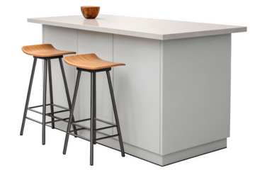 Modern kitchen island featuring stylish wooden stools and a bowl ready for creative interior design