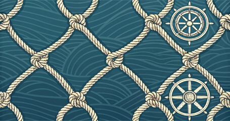 Nautical themed seamless pattern featuring rope netting ship wheels and a textured ocean design