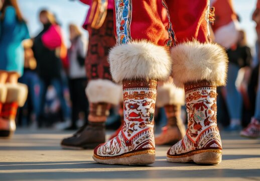 close up of eskimo boots in alaska, with traditional northern patterns