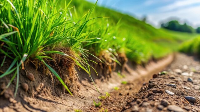 A close-up of the grassy verge on either side of a dirt road, showing the different types of blades of grass and the texture of the soil , verge, vegetation