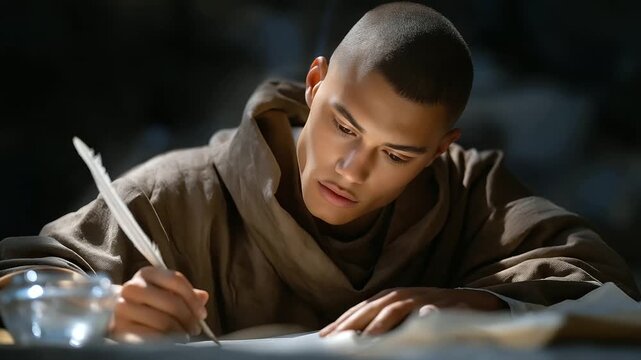 A young monk writing in a scriptorium with quill and inkwell