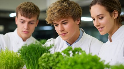 Culinary Students Engaged in Learning About Fresh Herbs in a Modern Kitchen Setting