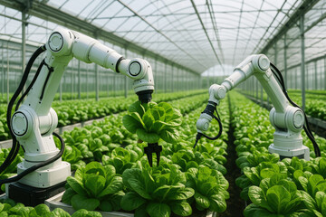 White robotic arms harvesting green lettuce in a modern greenhouse image