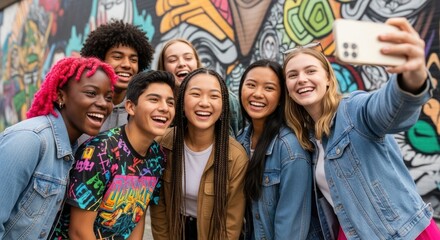 A group of young adults taking a selfie in front of a colorful graffiti wall.