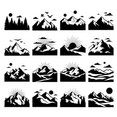 Obraz premium Collection of black silhouette mountain landscapes with sun and trees black and white nature