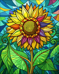Sunflower, Stained Glass Style, 
