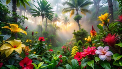 Vibrant tropical rainforest garden with lush flowers and misty sunlight