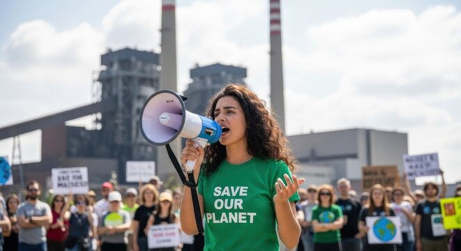 A woman in a green shirt speaks into a megaphone at a protest against a coal-fired power plant.