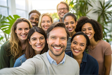 Group selfie with smiling diverse people indoors