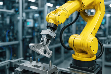 Yellow robotic arm holding metal component in factory manufacturing
