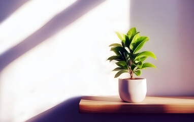 Green Potted Plant on Wooden Shelf – Minimalist Decor in Natural Light.