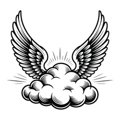 Vintage style cloud with wings black and white illustration design
