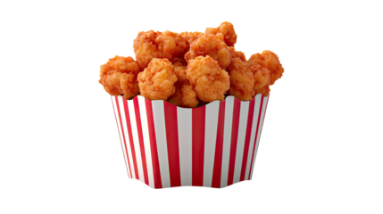 fried chicken nuggets in red white striped box on white background
