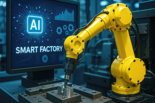Yellow robotic arm working on metal component with smart factory display industrial