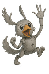 Obraz premium Cheerful robotic bird character with metallic body and expressive eyes, joyfully waving its wing while standing on two feet. character has playful demeanor and whimsical design