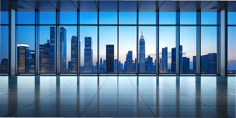 Modern office with city view at dusk