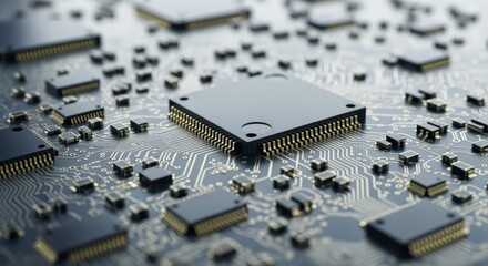 Macro shot of silicon chip components highlighting intricate technological detail.