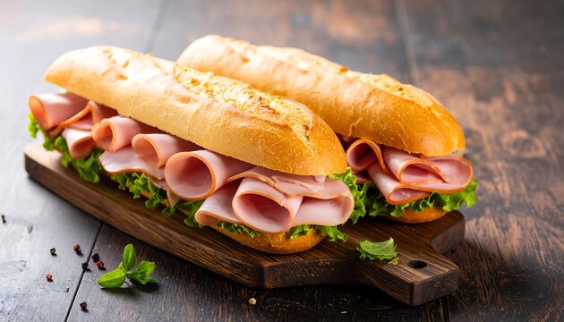 Three ham and lettuce baguettes on a wooden board