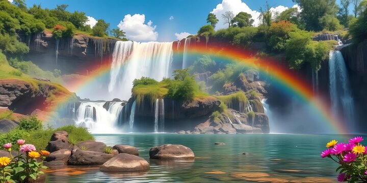 Vibrant rainbow waterfall cascading into crystal lake, surrounded by luminous flora, dreamlike, glowing - Powered by Adobe