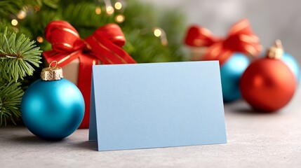 Festive Blue Card Surrounded by Vibrant Ornaments and Pine Branches for Holiday Celebration