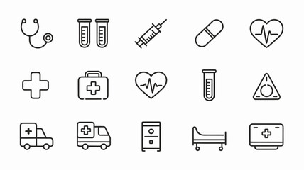 Healthcare icon collection. simple medical symbols: stethoscope, syringe, heart, doctor
