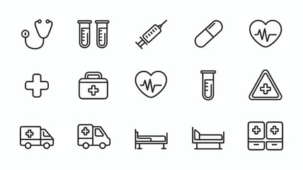 Healthcare icon collection. simple medical symbols: stethoscope, syringe, heart, doctor
