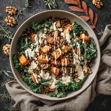Vegan grain bowl featuring lentils, sweet potato cubes, kale and tahini drizzle