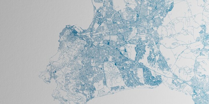 Cape Town (South Africa) street map. The style of the map is blue ink