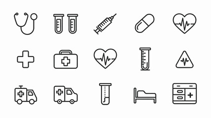 Healthcare icon collection. simple medical symbols: stethoscope, syringe, heart, doctor
