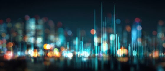 The abstract representation of a vibrant city skyline at night with colorful lights.