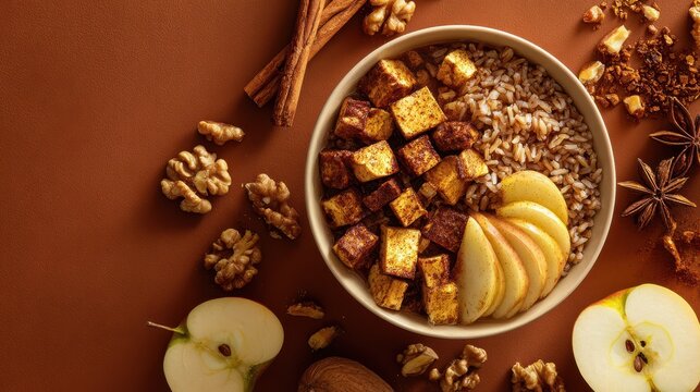 Autumn bowl with brown rice, spiced tofu cubes, apple slices and walnuts