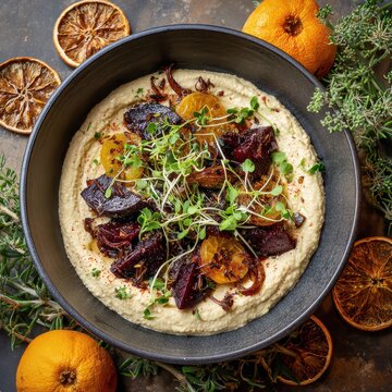 Hummus bowl topped with roasted beets, caramelized onions and microgreens
