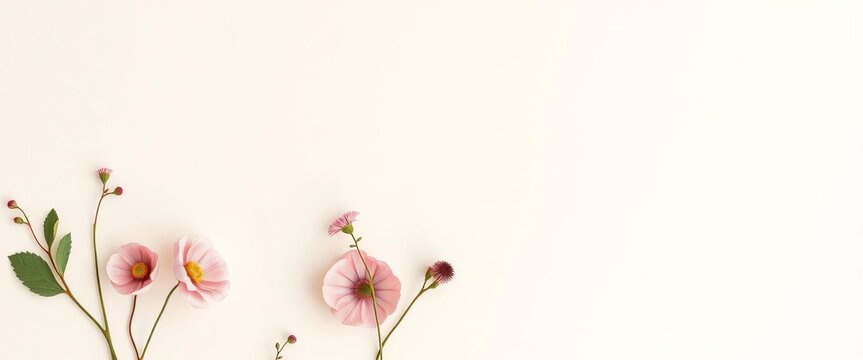 Elegant botanical stationery card mock-up; cream backdrop, delicate floral illustrations, minimalist design,  template,  stationery