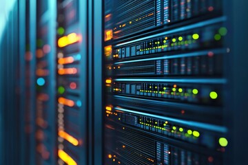 Naklejka premium Advanced data center server racks with green and orange indicator lights in a dark environment, ideal for cloud services, cybersecurity, IT operations, and digital infrastructure visuals