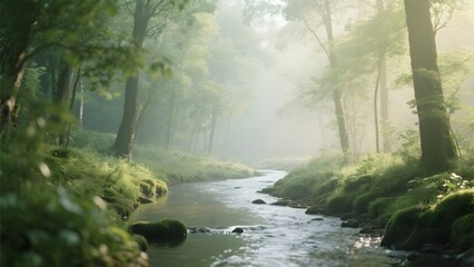 Obraz premium Misty Forest Stream with Sunlight Filtering Through Trees