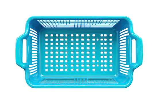 Teal plastic storage basket with handles, top view