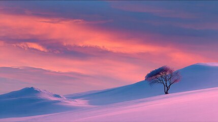 Obraz premium Winter sunrise over snow-covered hills, lone tree
