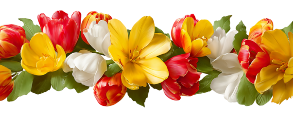 A vibrant garland of mixed tulips isolated on transparent background