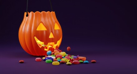 Orange jackolantern bucket overflowing with colorful candies on a purple surface