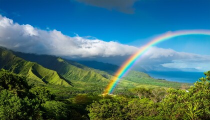 Fototapeta premium vibrant rainbow arcing over lush west maui mountains green sky blue