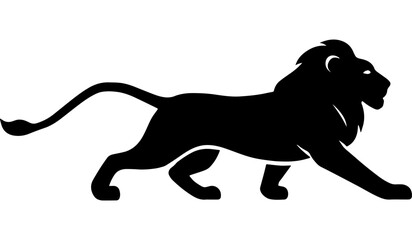 Black silhouette of a walking lion icon with detailed mane and tail on white background
