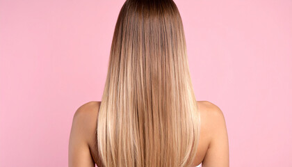 Naklejka premium Back view of woman with stylish haircut. For hair salon poster or banner. Pink backdrop.