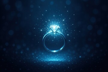 A Dazzling Diamond Engagement Ring Sparkles Brilliantly Against a Stunning Deep Blue Background, Illuminating the Surrounding Atmosphere with Luminous Glow.