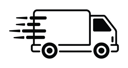 black delivery truck icon with speed lines, minimal vector illustration symbolizing express shipping, fast logistics and transport service