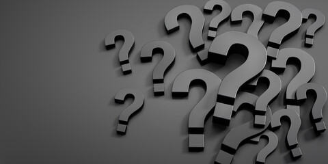 Pile of dark gray Question Marks on dark background with copy space - 3D illustration