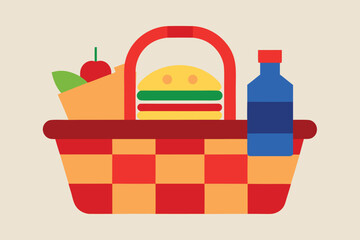 Whimsical Picnic Basket Illustration Featuring Classic Picnic Foods and Refreshments Ideal for Graphic Design Projects